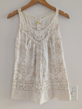 Anthropologie Cream Tank with Gold Sequin Embroidery 100% Cotton